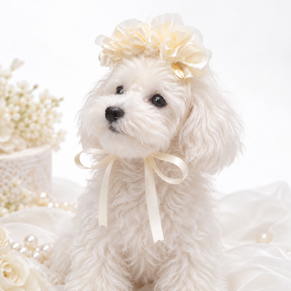 【Lino Cammino新作】Ivory Frill　アイボリーフリル　ヘアアクセサリー／ヘアリボン／チョーカー／犬服